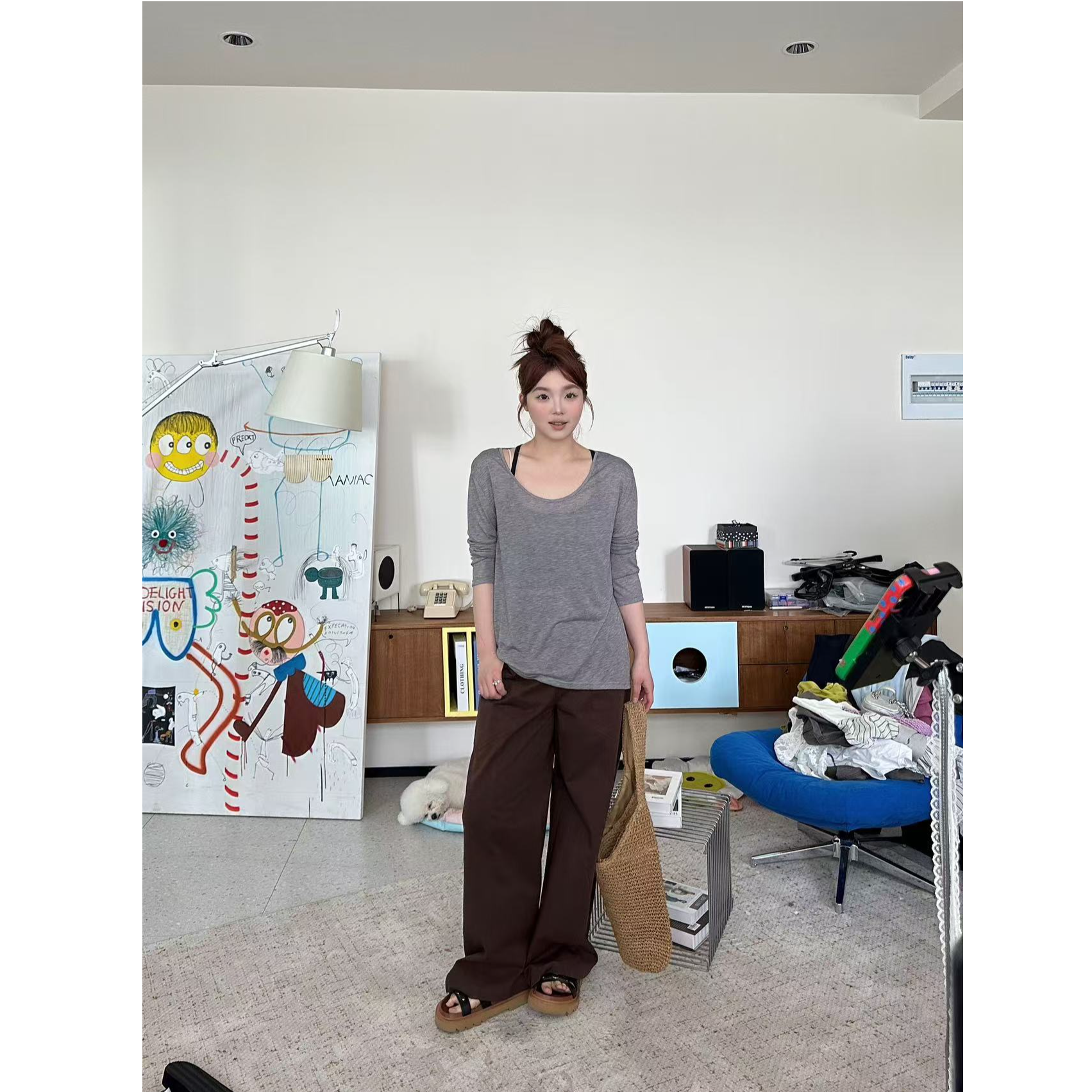 蕾蕾【移动凉皮】下摆侧开叉大u领长袖防晒上衣+挂脖吊带背心