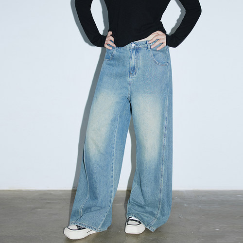 蕾蕾【万金油牛仔裤】美式复古水洗后半截松紧腰弯刀立体线牛仔裤