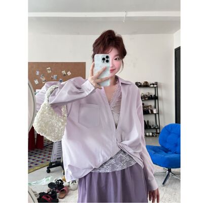 蕾蕾【别样浪漫】假两件下摆polo领口袋衬衫拼蕾丝V领背心