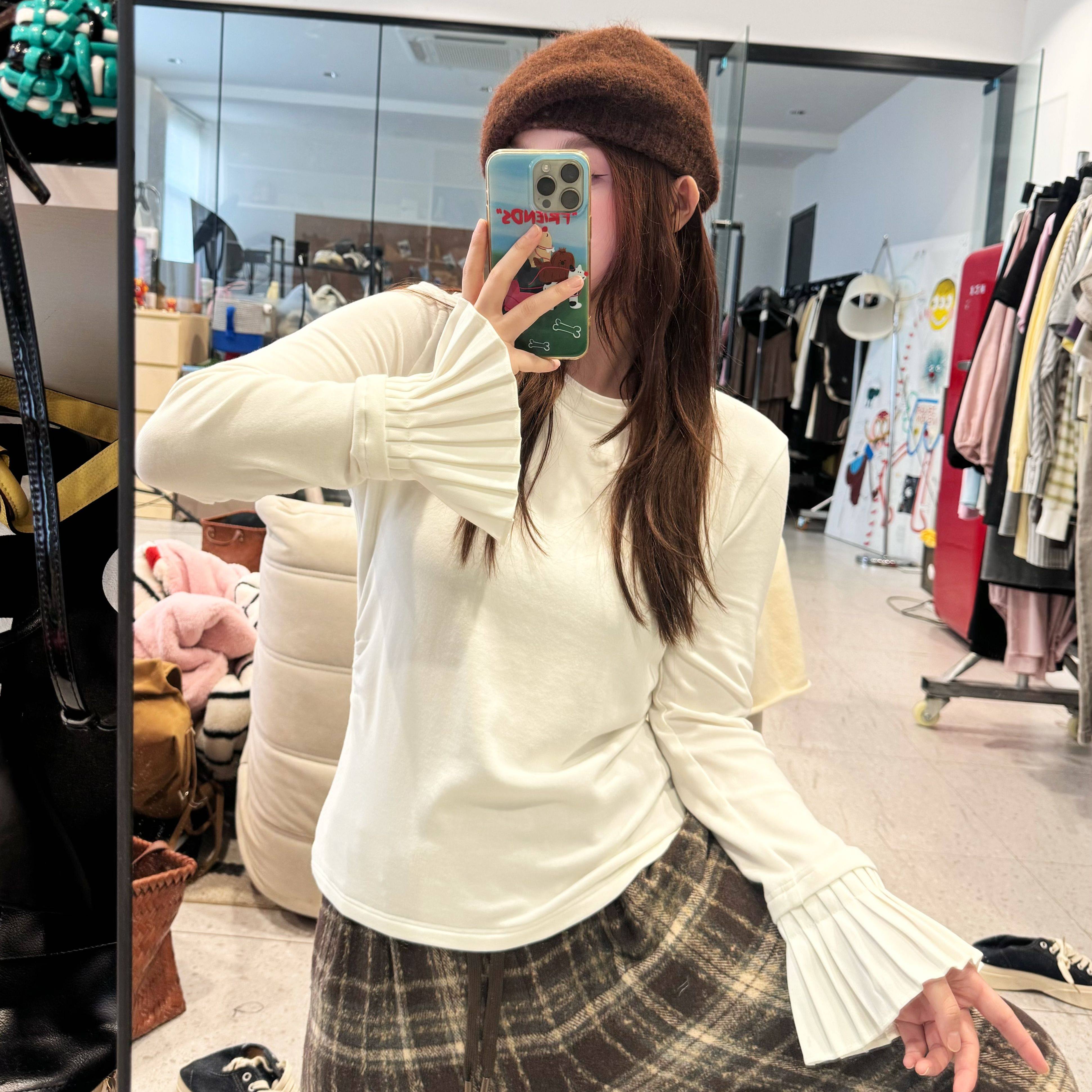 蕾蕾【北平知秋】打底衫袖口带捏褶花边简约打底小衫T恤时尚