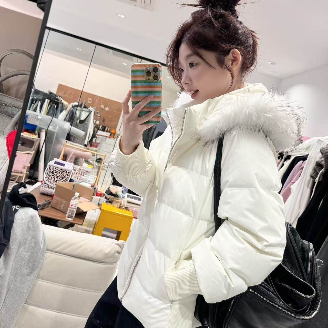 蕾蕾【软心面包】冬季连帽大毛领宽松保暖羽绒服外套