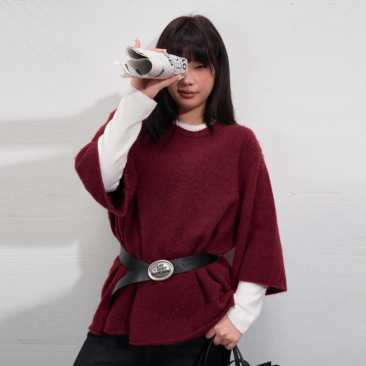 蕾蕾【慵懒自洽】韩版百搭亲肤圆领毛针织衫五分短袖上衣