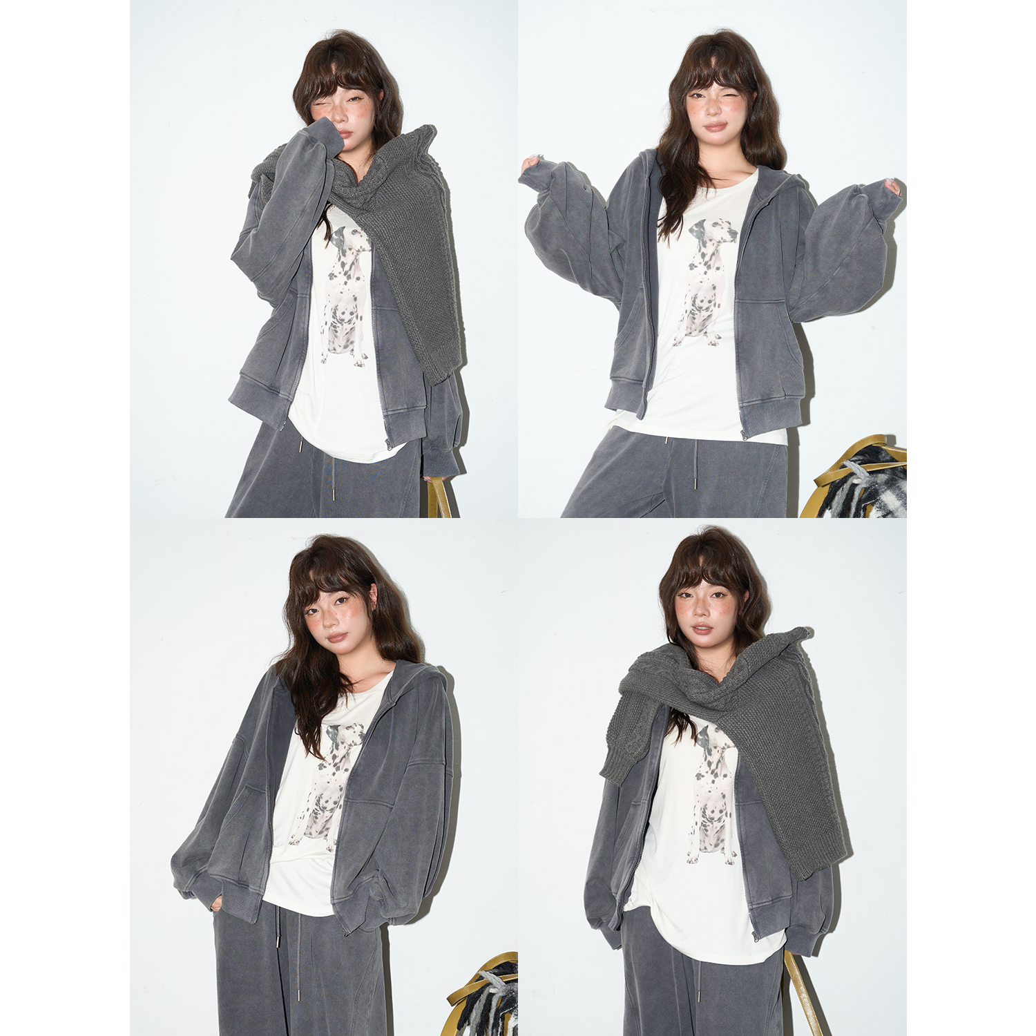 蕾蕾【机能girl】复古水洗连帽卫衣外套+全松紧高腰抽绳阔腿裤