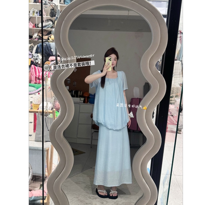 蕾蕾【奥法庄园】设计感方领上衣拼高腰半身裙假两件连衣裙