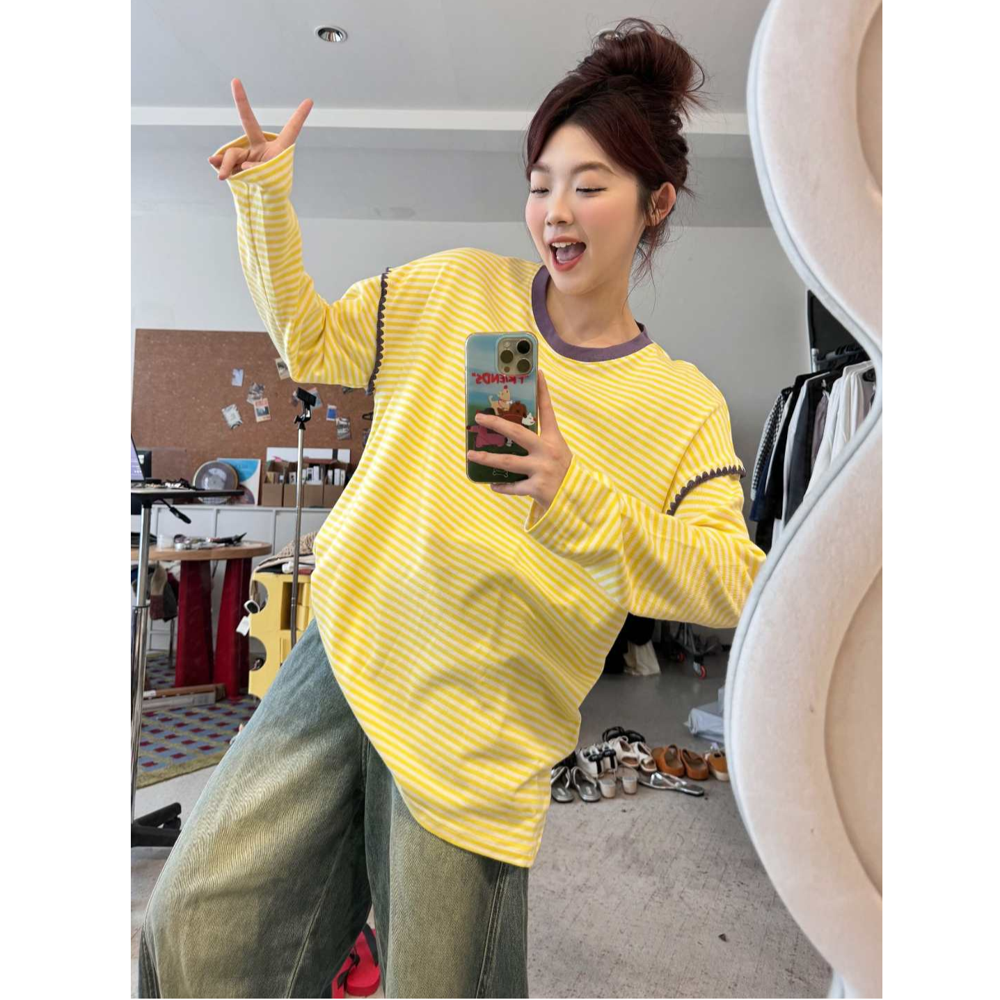 蕾蕾【条纹主义】撞色圆领宽松条纹长袖套头T恤上衣