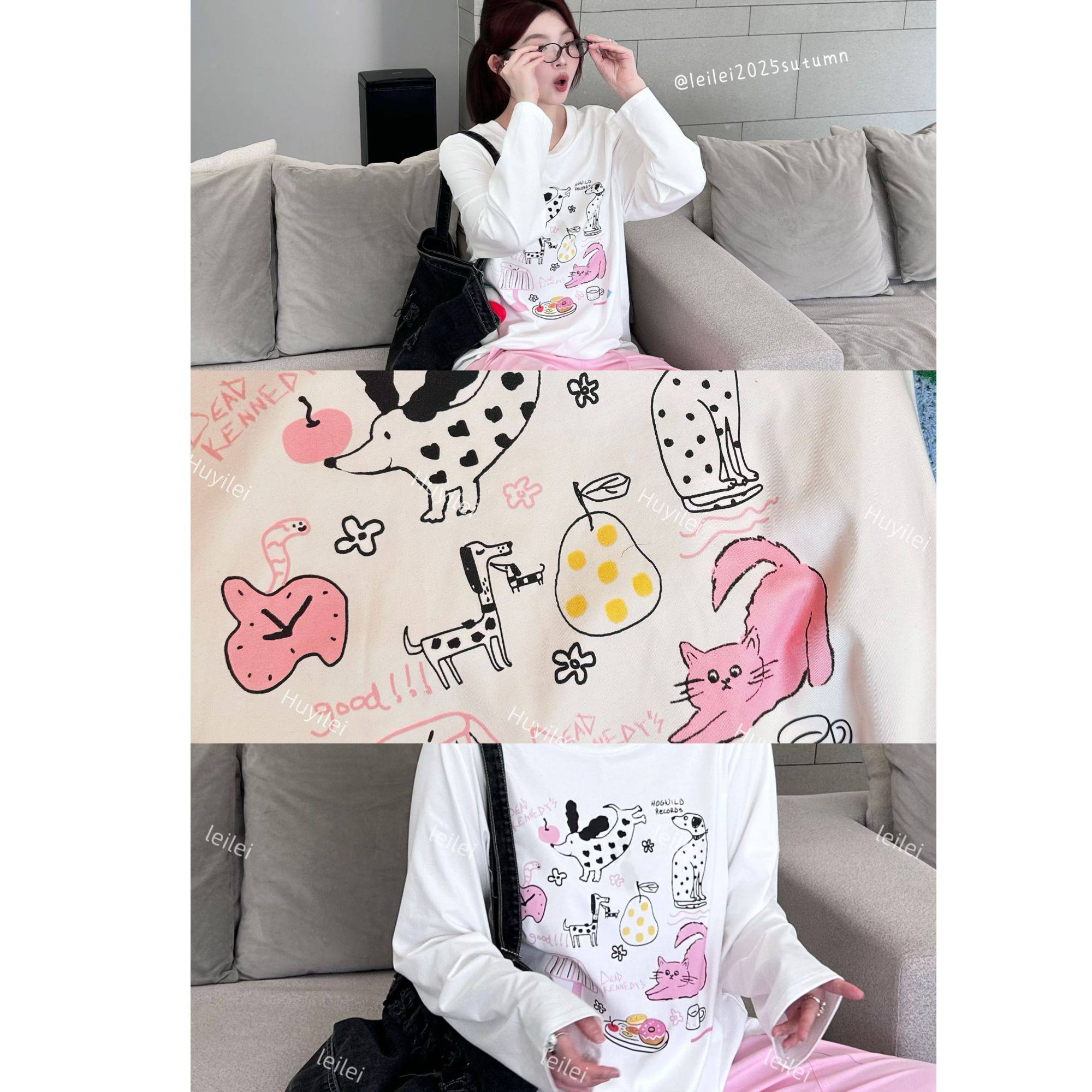 蕾蕾【Ins世界】韩系可爱趣味图案圆领长袖T恤上衣
