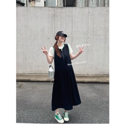 蕾蕾【等你下课！】韩系胸前半拉链撞色领口无袖背心裙