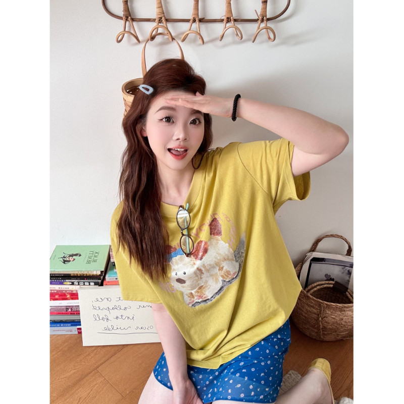 蕾蕾【C位萌宠】小狗图案圆领宽松大版短袖T恤上衣夏季休闲