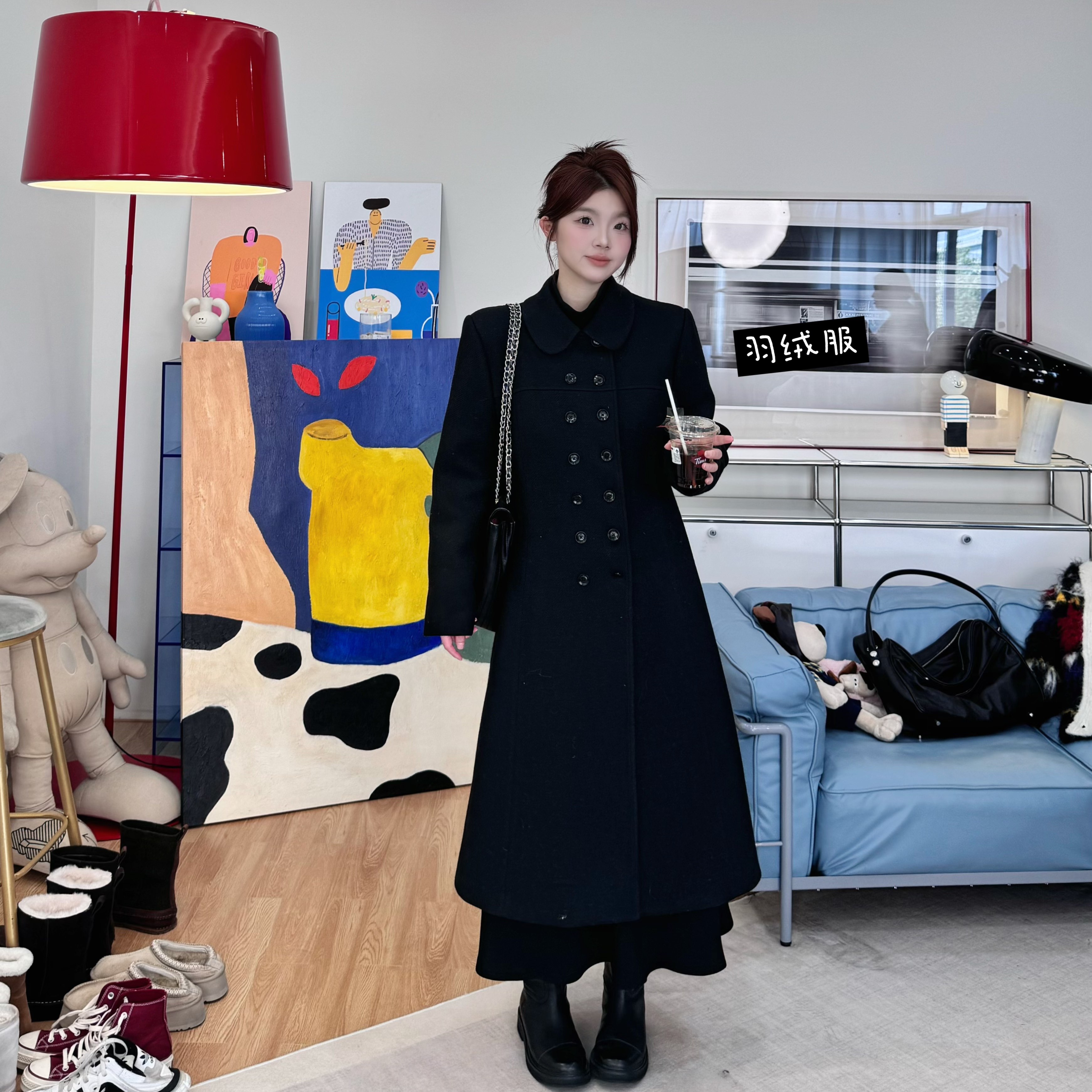 蕾蕾【奥黛丽！】复古赫本风娃娃领毛呢羽绒收腰大衣裙