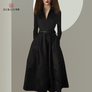2026春季新款长袖连衣裙时尚气质大摆裙赫本风礼服小黑裙修身显瘦