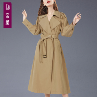 帝柔9461卡其色风衣长袖中长款系带绑带女士西装领涤纶翻领女装
