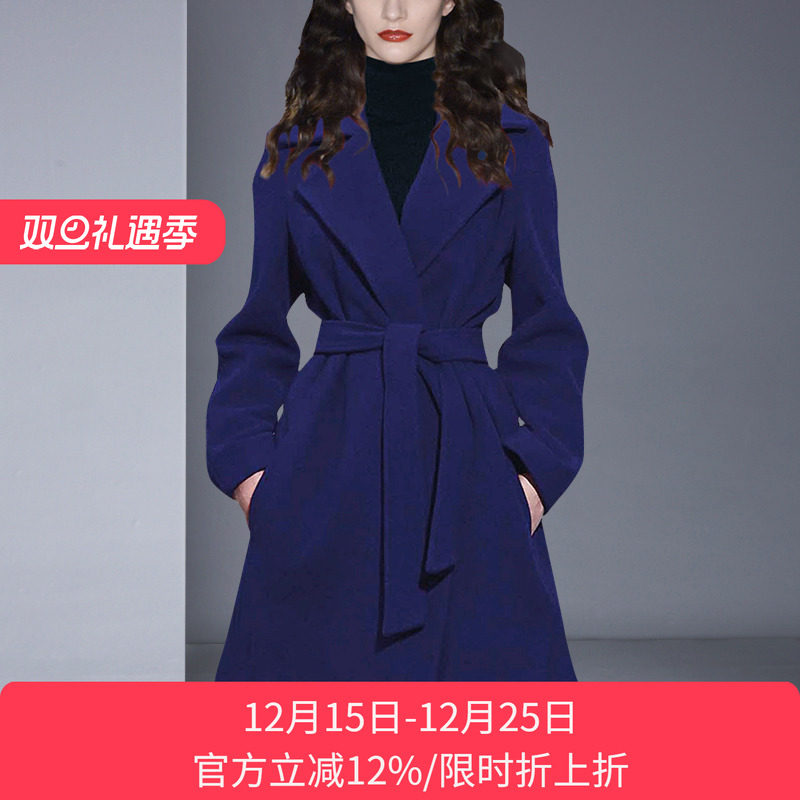 时尚宝蓝色羊毛呢子外套女