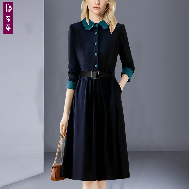 2025早秋新款法式复古名媛气质显瘦长袖连衣裙漂亮小翻领拼色裙子