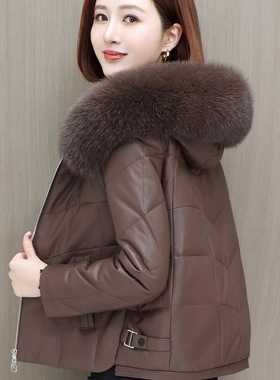 海宁真皮羽绒服女短款狐狸毛领连帽加厚绵羊皮皮衣外套2025冬新款