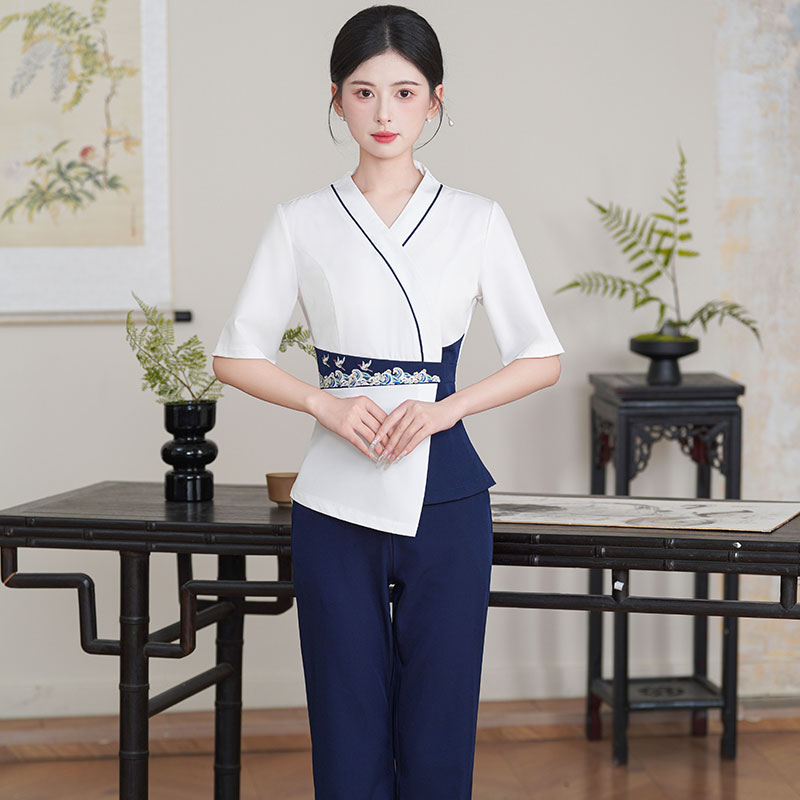 秋冬中袖足浴技师工作服高端会所水疗采耳美容师按摩沐足工衣套装
