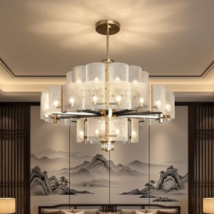 新中式 楼沙盘玻璃灯具 圆形客厅吊灯led轻奢大气酒店大堂别墅复式