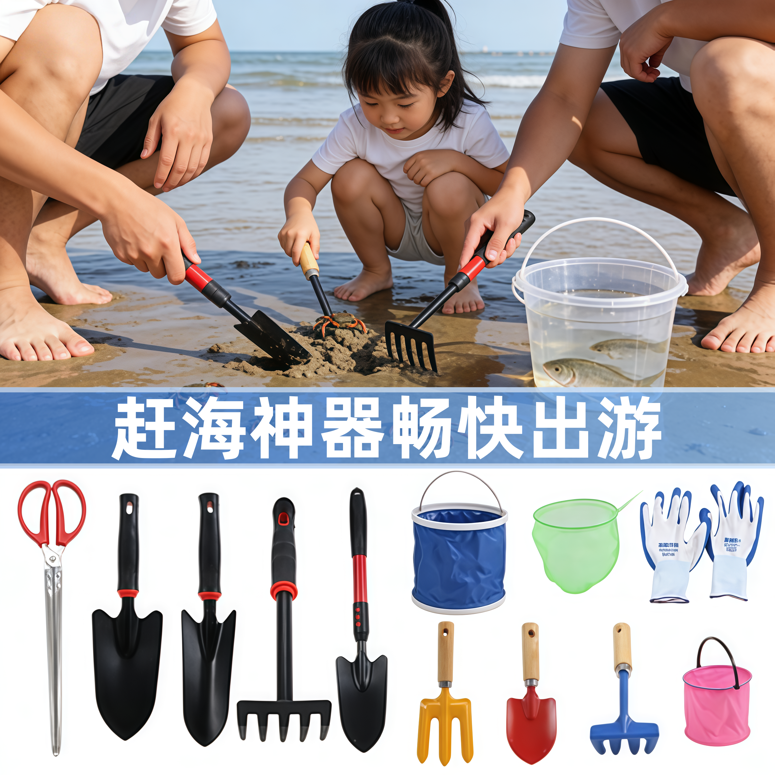 赶海神器工具套装大全儿童专用装备海边沙滩桶耙子夹子抓虾手套