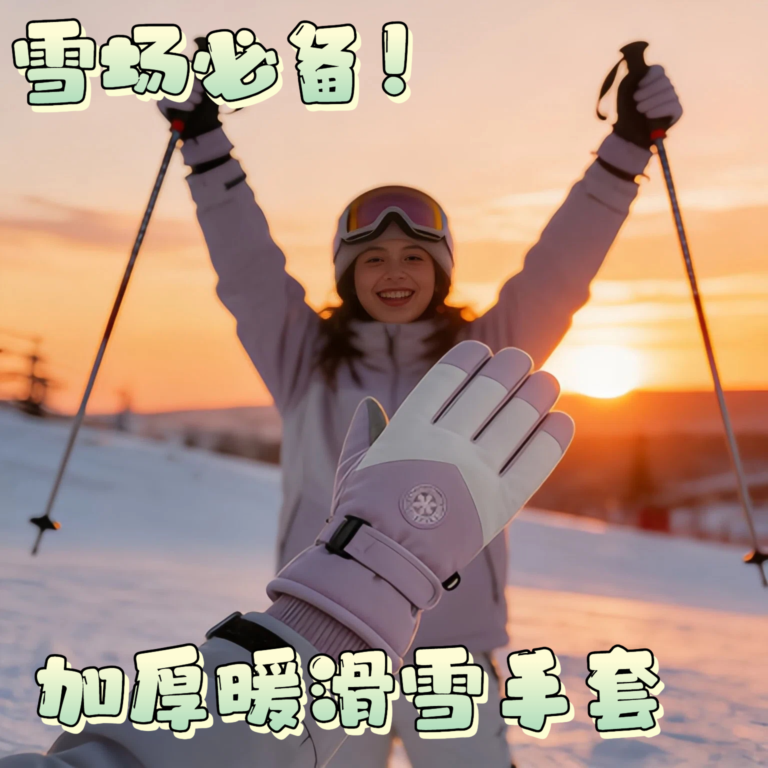 滑雪手套女冬保暖加绒 户外骑车防风防水 可调节松紧魔术贴不冻手