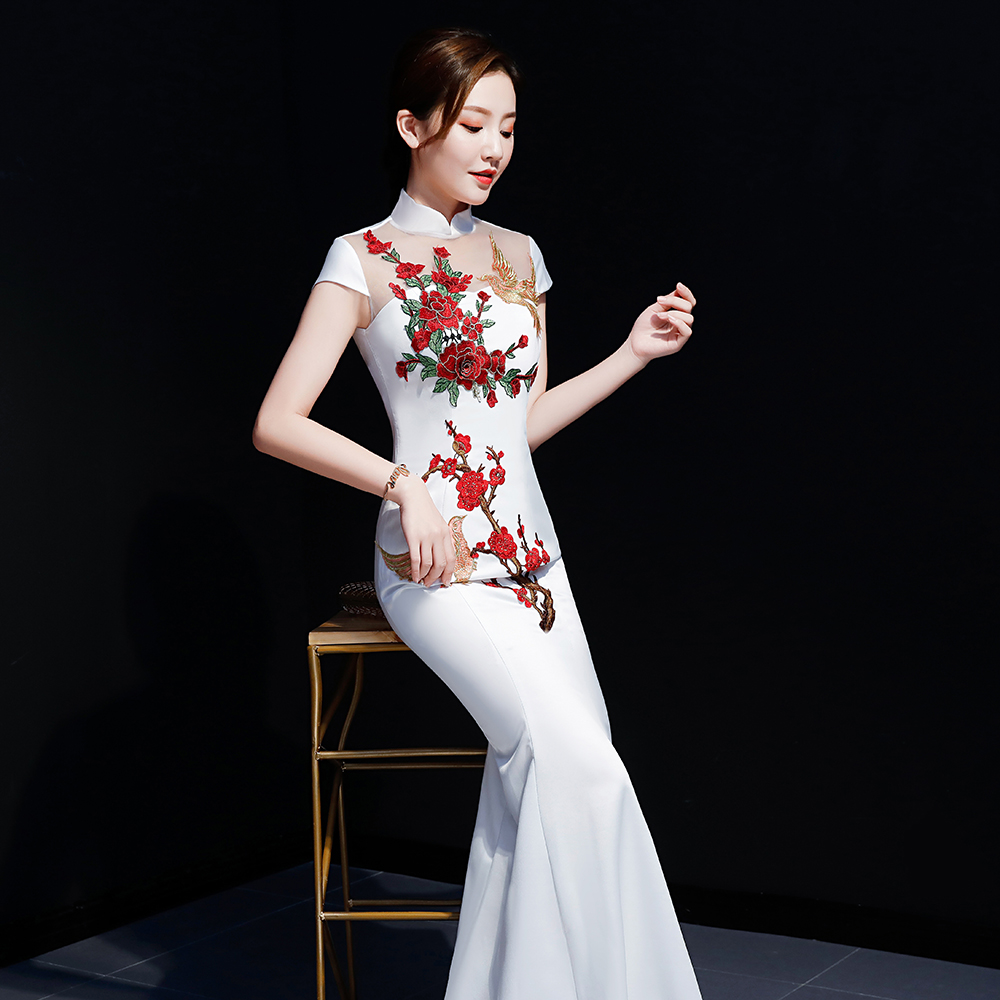 改良旗袍紫缘萱鱼尾刺绣中国风