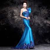 夸张单肩晚礼服修身 鱼尾演出服大气拖尾显瘦模特走秀主持宴会艺考