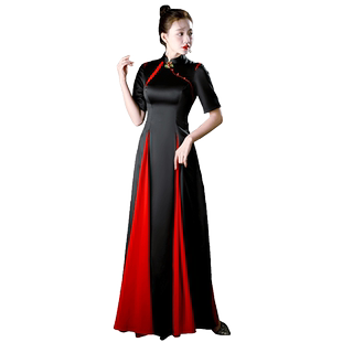中国风高档长款礼服黑色短袖舞台合唱模特走秀舞台演出宴会晚装女