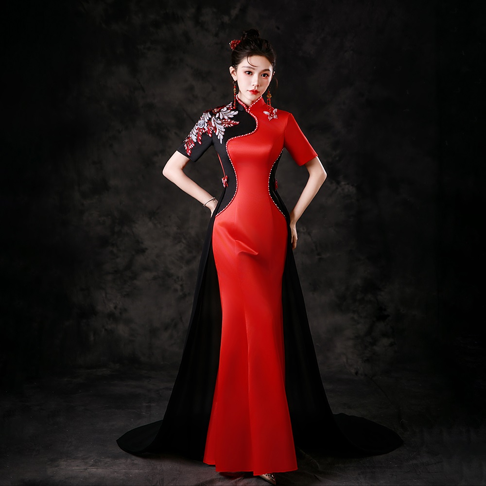 紫缘萱高端演出服舞台装红色鱼尾拖尾宴会服装国庆年会气质显瘦女