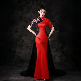 紫缘萱高端演出服舞台装 国庆年会气质显瘦女 红色鱼尾拖尾宴会服装