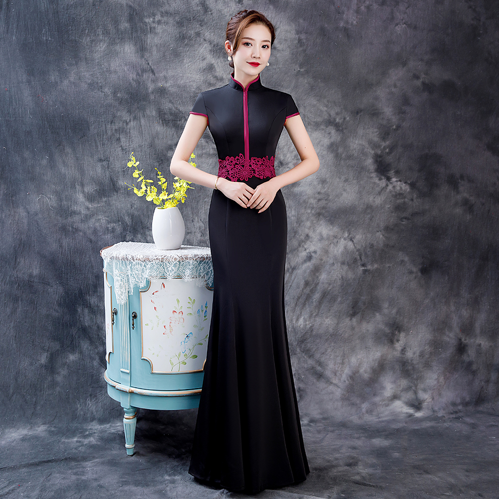 紫缘萱撞色腰封中式长款鱼尾礼服