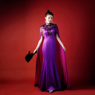 紫缘萱中国风式披肩礼服长款紫色宴会晚装年会主持走秀舞台演出服