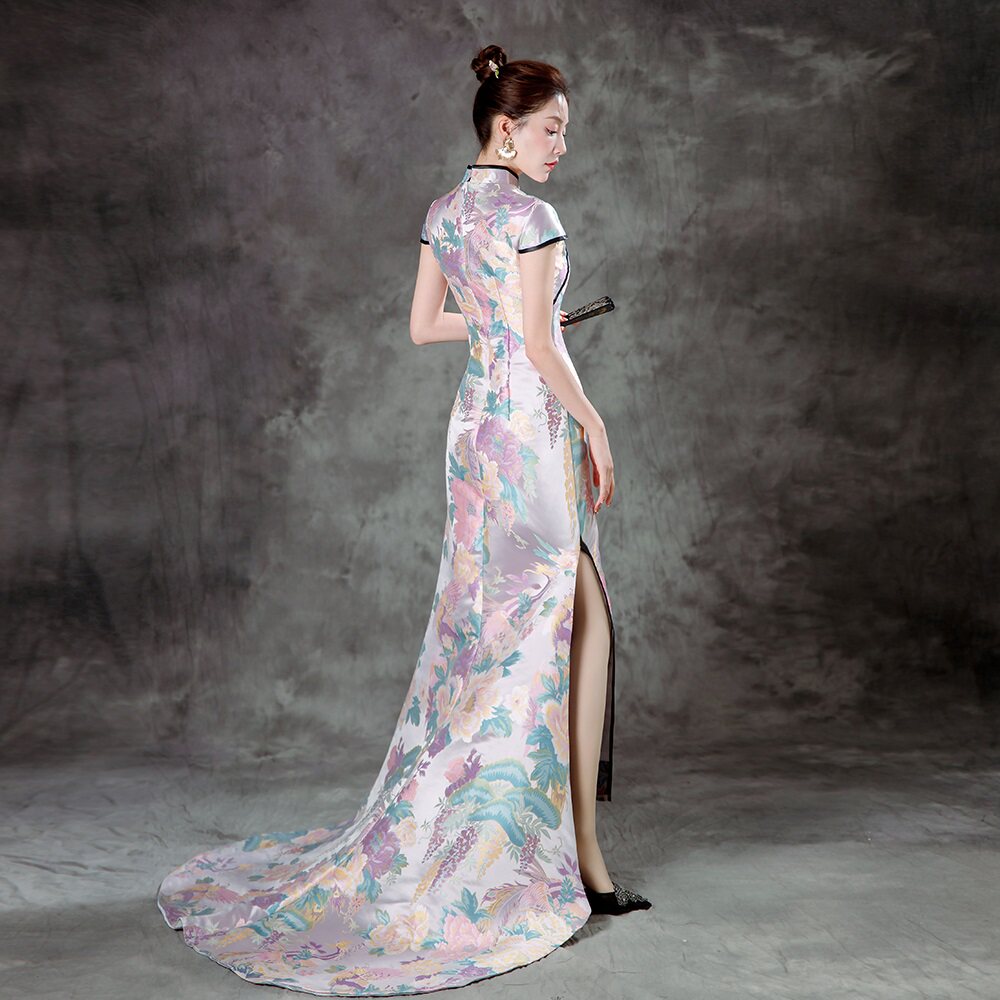 高档演出服拖尾新款模特团体走秀中国风旗袍宴会晚礼服气质显瘦女