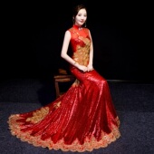 紫缘萱轻奢宴会礼服裙女气质拖尾华丽亮片晚装 秀场演出服旗袍刺绣