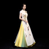 紫缘萱中国风黄色演出晚礼服奥黛裙改良旗袍模特团队走秀舞台显瘦