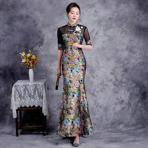 紫缘萱中国风绣花旗袍修身晚礼服