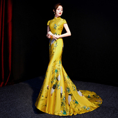 紫缘萱中国风式 显瘦秋 鱼尾晚礼服刺绣拖尾走秀舞台演出服大气修身