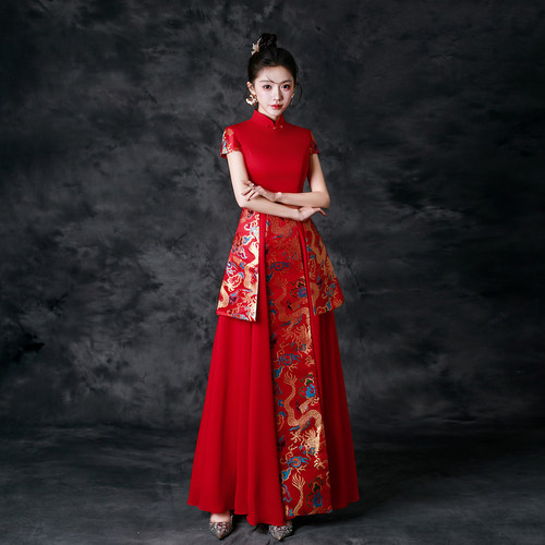 紫缘萱中国风立领刺绣礼服裙女红色演出服舞台表演显瘦气质民族风