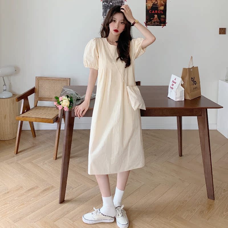 Real price design feeling pleated waist show thin bubble sleeve dress 2021 summer retro air net red skirt