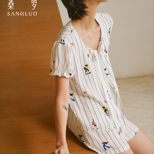 俏皮童趣印花睡裙睡衣 两件套女25年春夏新品 桑罗真丝条纹短袖 短裤