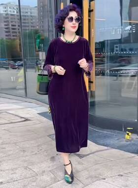 秋丝绒圆领刺绣显瘦妈妈连衣裙