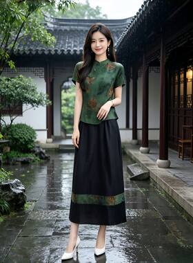 真丝香云纱中老年立领夏季套装