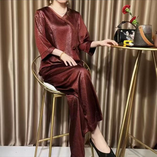 妈妈夏装 2026新款 中式 国风中老年洋气两件套一整套 香云纱真丝套装