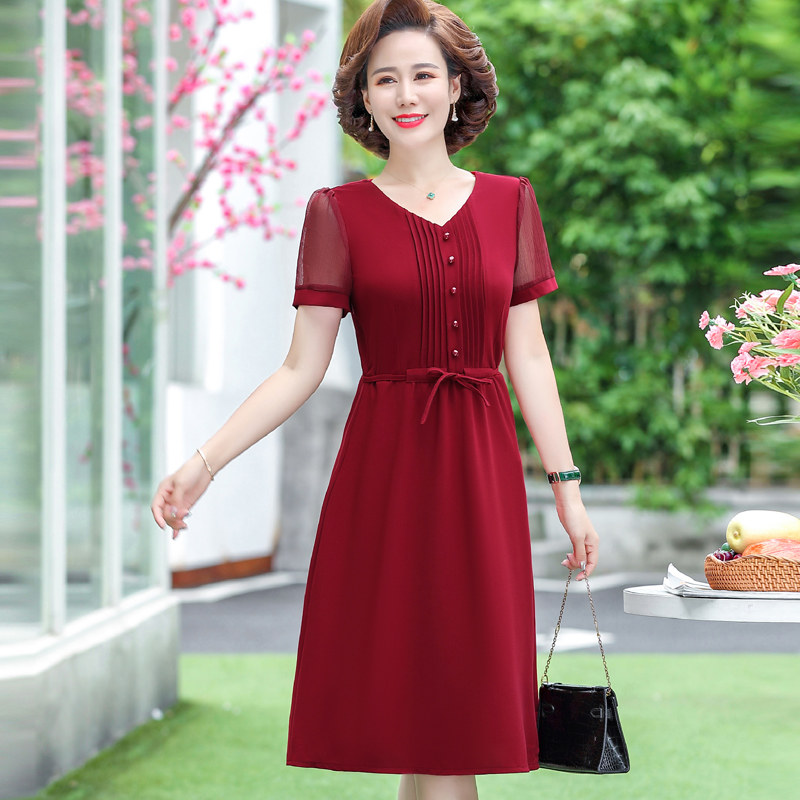 2022年夏季中年妈妈雪纺连衣裙女中长款妈妈装大码短袖中老年女装