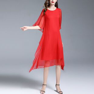 红色真丝连衣裙女中长款2025新款妈妈夏装时尚雪纺沙滩裙大码长裙