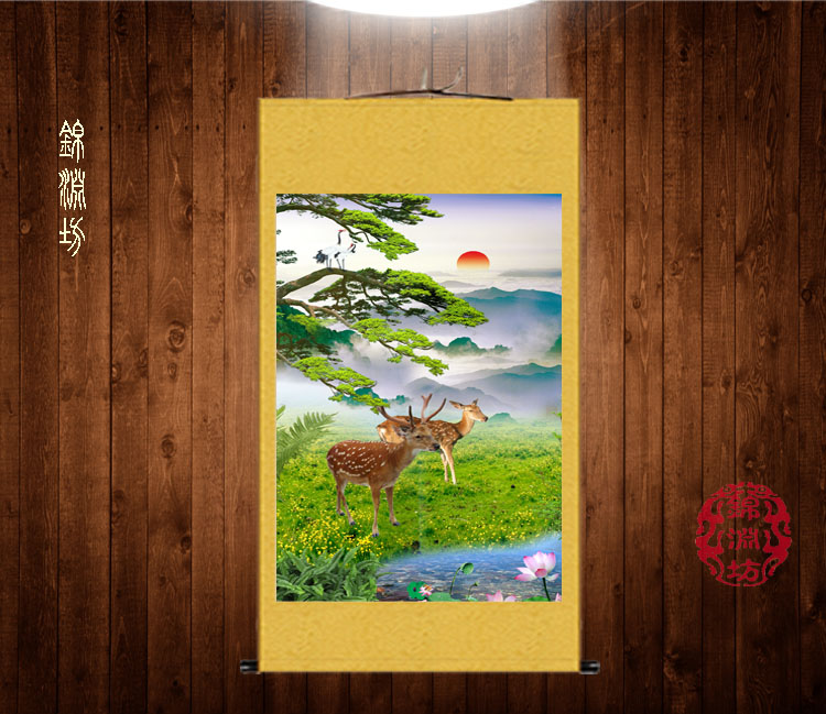 梅花鹿吉祥装饰画仙鹤玄关挂画松树丝绸画条幅画客厅双鹿图风水画