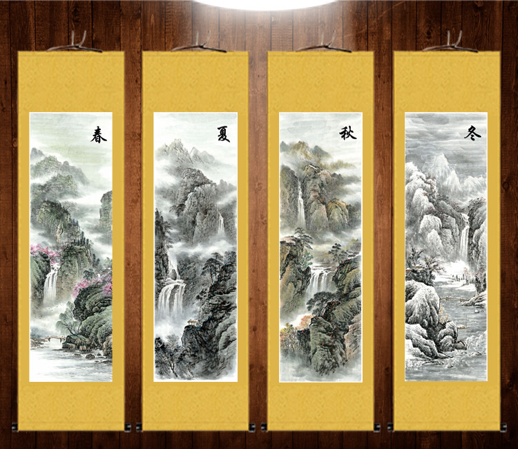 山水花树四条屏丝绸画卷轴画晓明挂画工笔画名家字画春夏秋冬新品