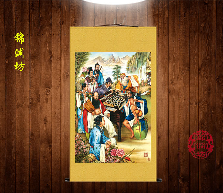 抖音八仙打麻将挂画 八仙乐趣图客厅装饰画 八仙蹦极图丝绸卷轴画