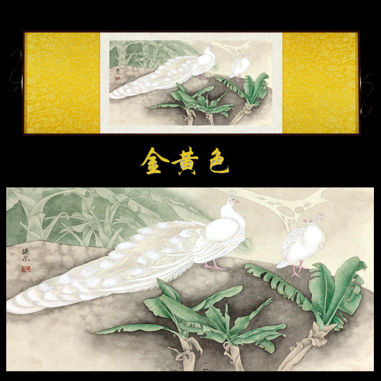 孔雀百鸟朝凤花鸟画装饰玄关酒店壁画白色孔雀丝绸壁画挂画风水画
