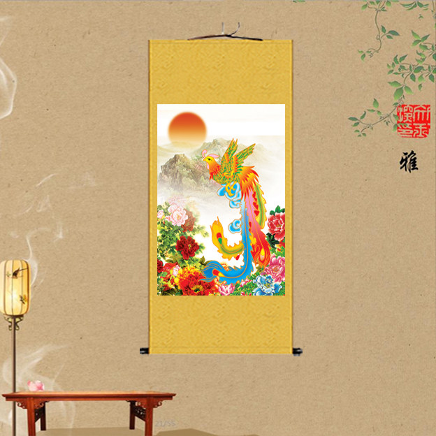 可定制国画丹凤朝阳丝绸卷轴
