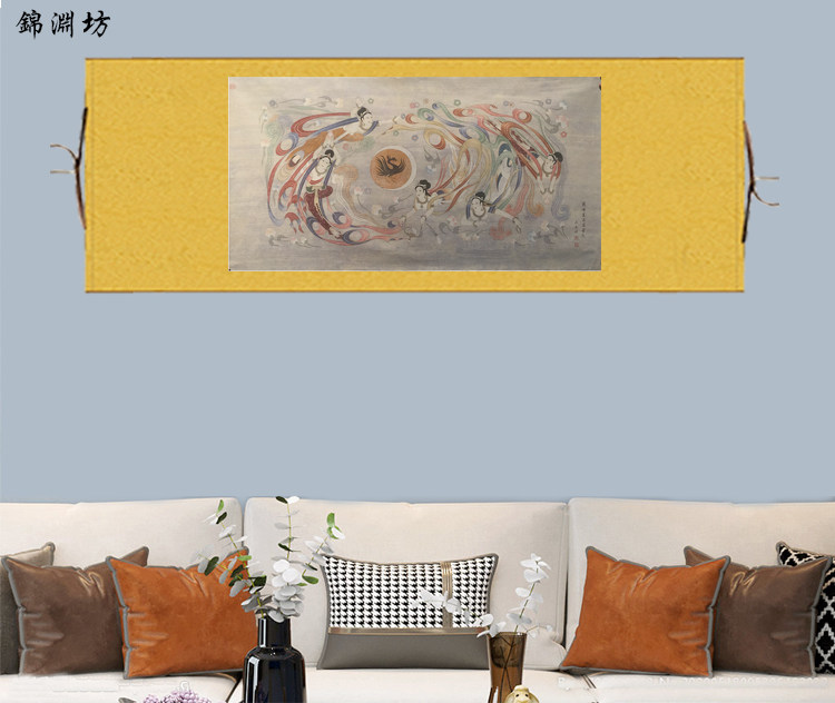 中式丝绸复古抽象敦煌飞天人物壁纸客厅电视背景墙纸无缝壁卷轴画