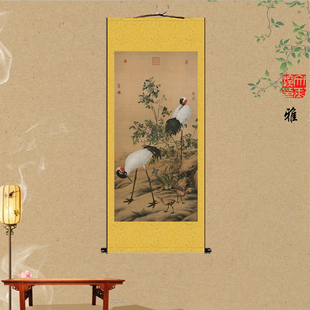 双鹤花图茶室卷轴春郎世宁瑞午鹤锦图挂画鸟新中式书房花玄关壁画