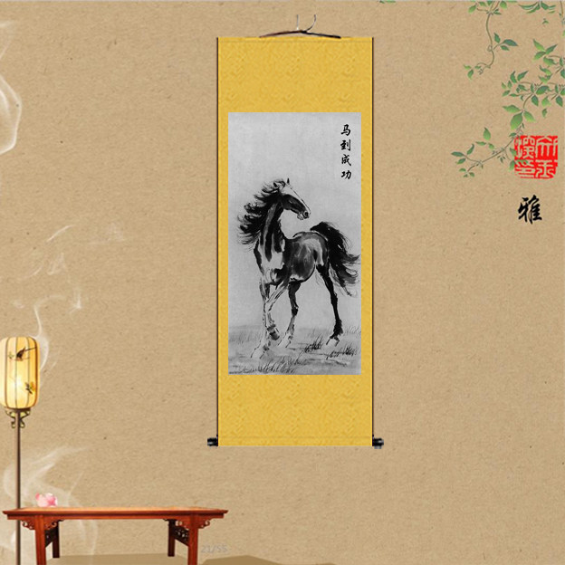 马到成功丝绸画奔马图沙发客厅